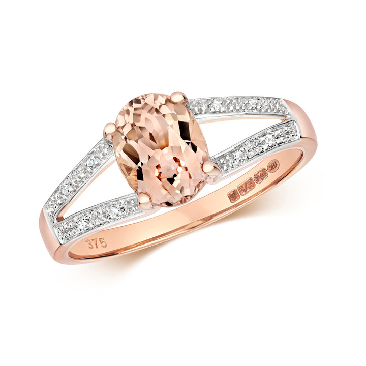 9ct Rose Gold Oval Morganite & Diamond Ring