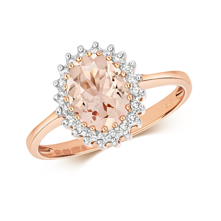 9ct Rose Gold Oval Morganite & Diamond Cluster Ring