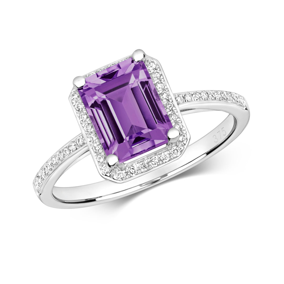 9ct White Gold Emerald-Cut Amethyst & Diamond Ring