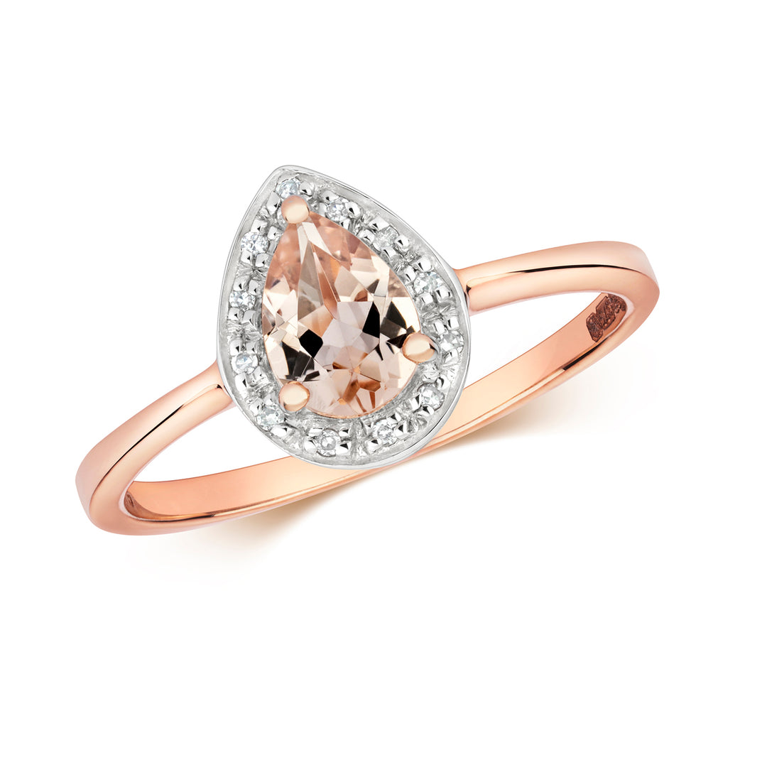9ct Rose Gold Pear Morganite & Diamond Halo Ring