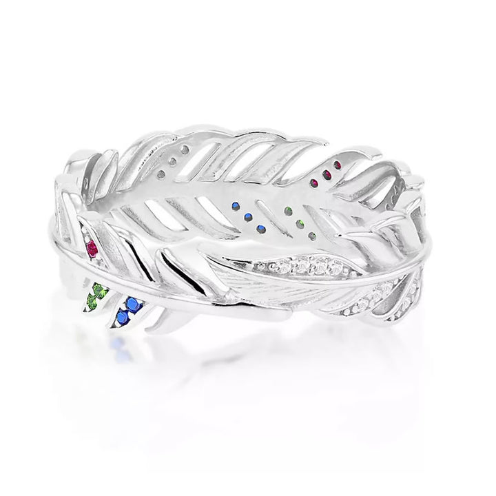 Silver Multi Stone Feather Band Ring