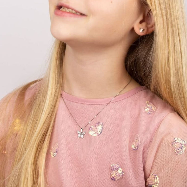 Children's Silver Diamond Butterfly Necklace