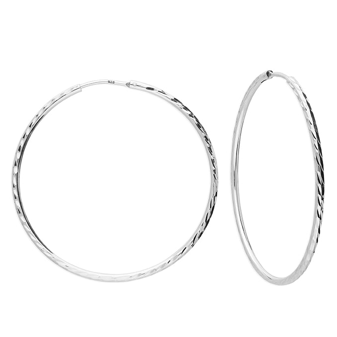 Silver Diamond-Cut Sleeper Hoop Earrings 50mm