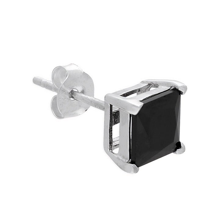 Men's Silver Black Square Stud Earring 6mm