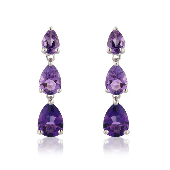9ct White Gold Teardrop Trio Amethyst Drop Earrings