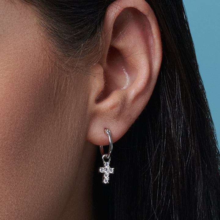 Silver Cubic Zirconia Cross Charm Hoop Earrings