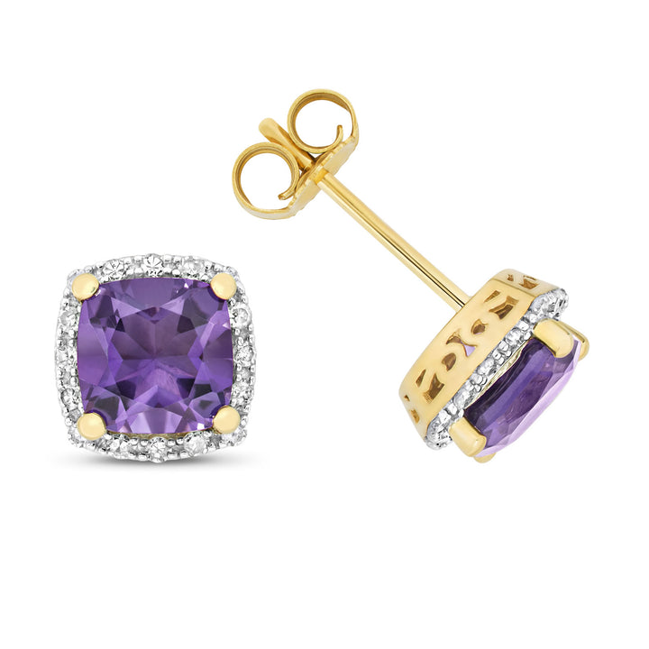 9ct Gold Cushion-Cut Amethyst & Diamond Stud Earrings