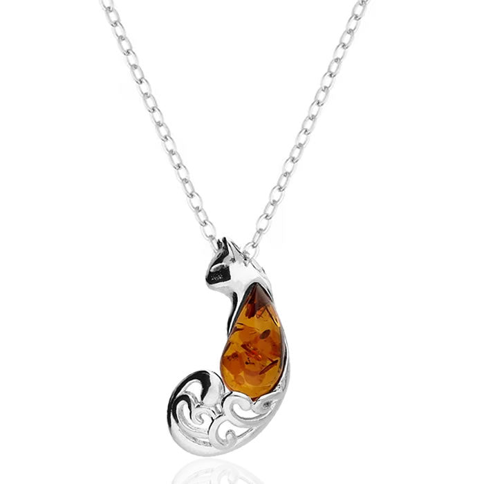 Sterling Silver Amber Cat Necklace