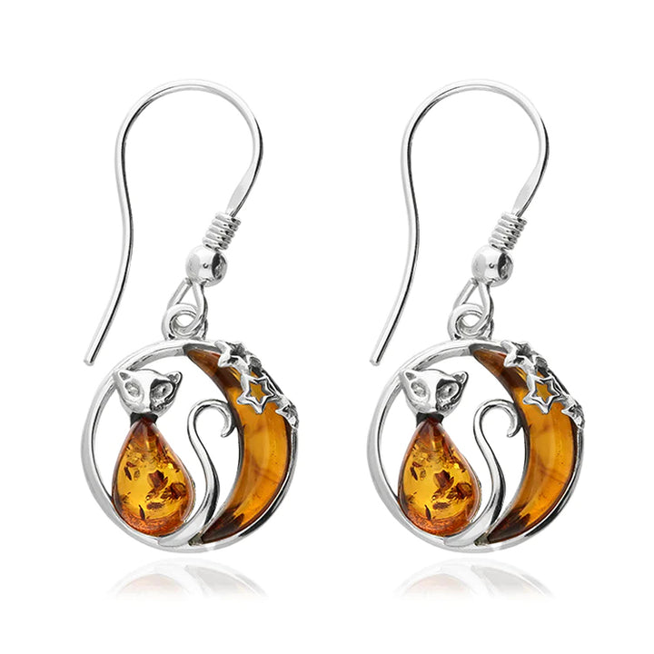 Sterling Silver Amber Cat Moon Earrings