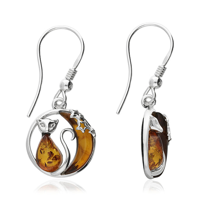 Sterling Silver Amber Cat Moon Earrings