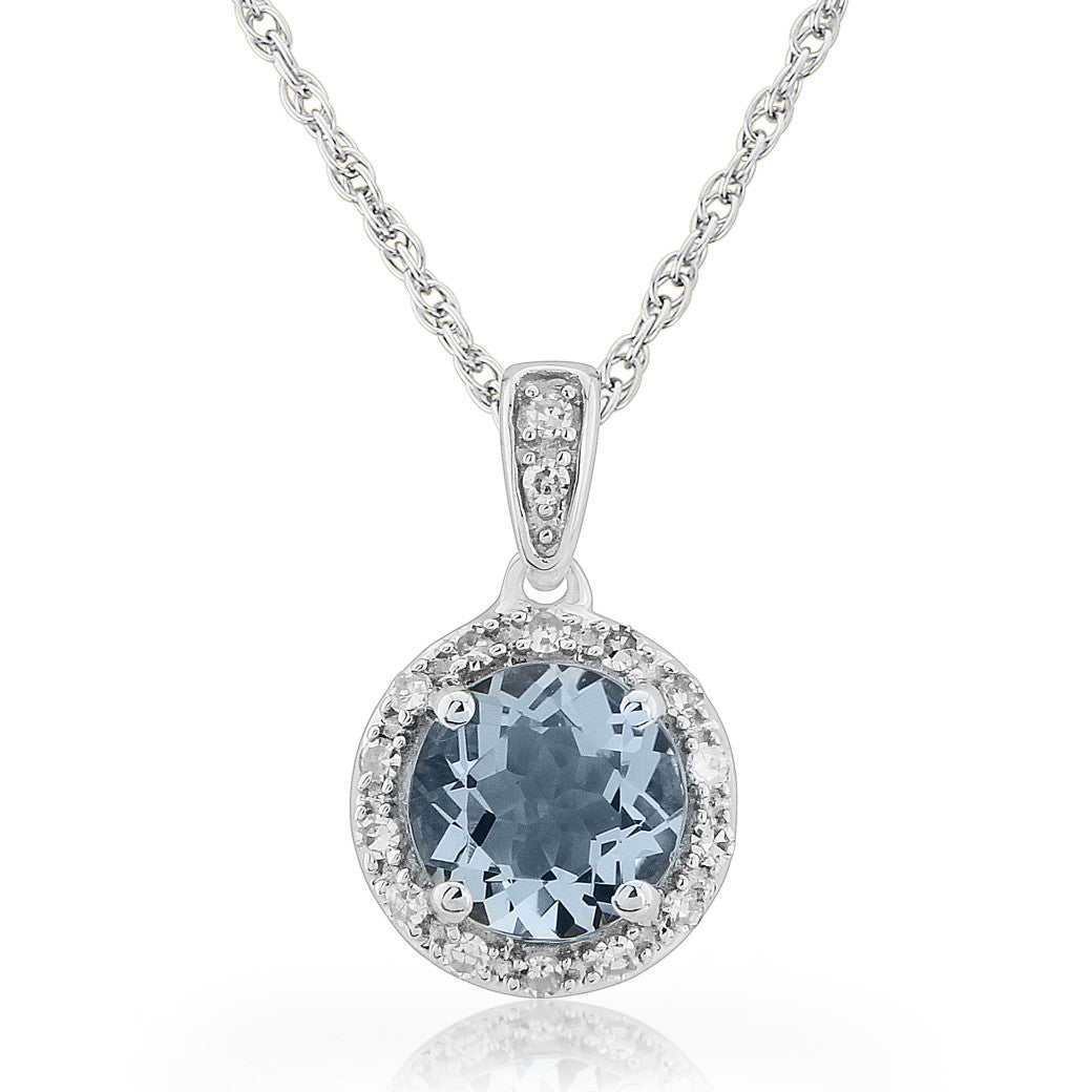 9ct White Gold Aquamarine &Diamond Halo Pendant
