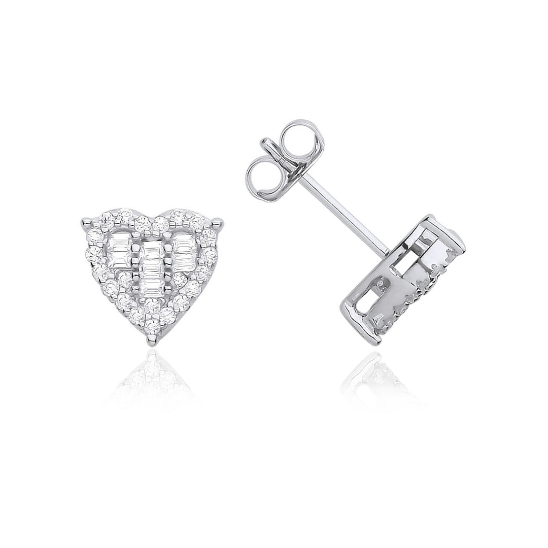 Silver Baguette-Cut Cubic Zirconia Heart Stud Earrings