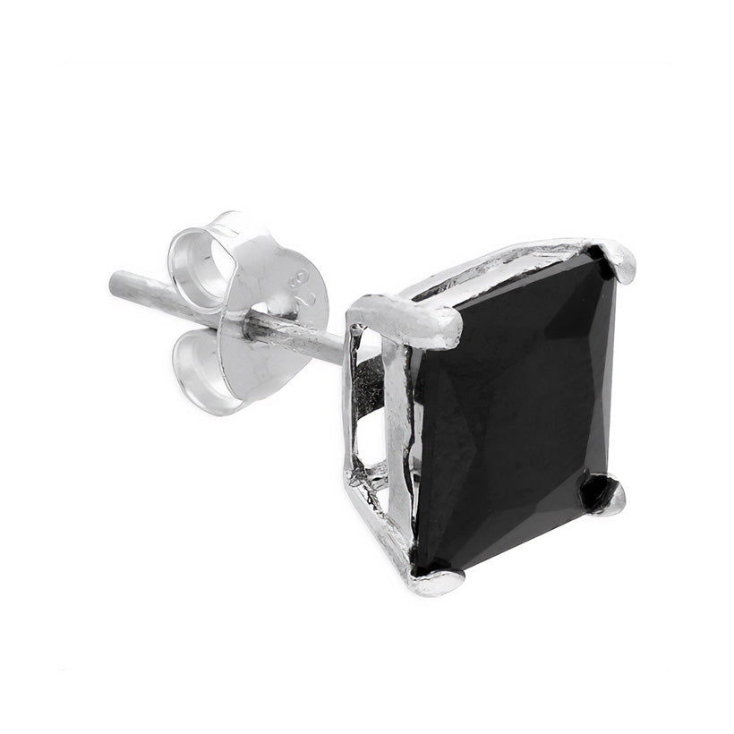 Men's Silver Black Square Stud Earring 8mm