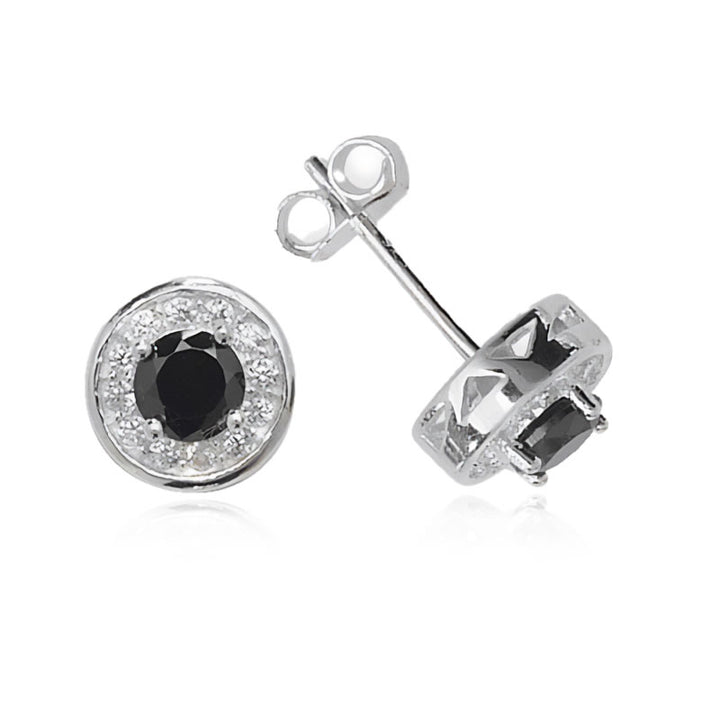 Silver Black Cubic Zirconia Halo Stud Earrings
