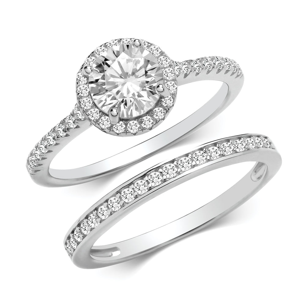 Silver Round Halo Bridal Ring Set