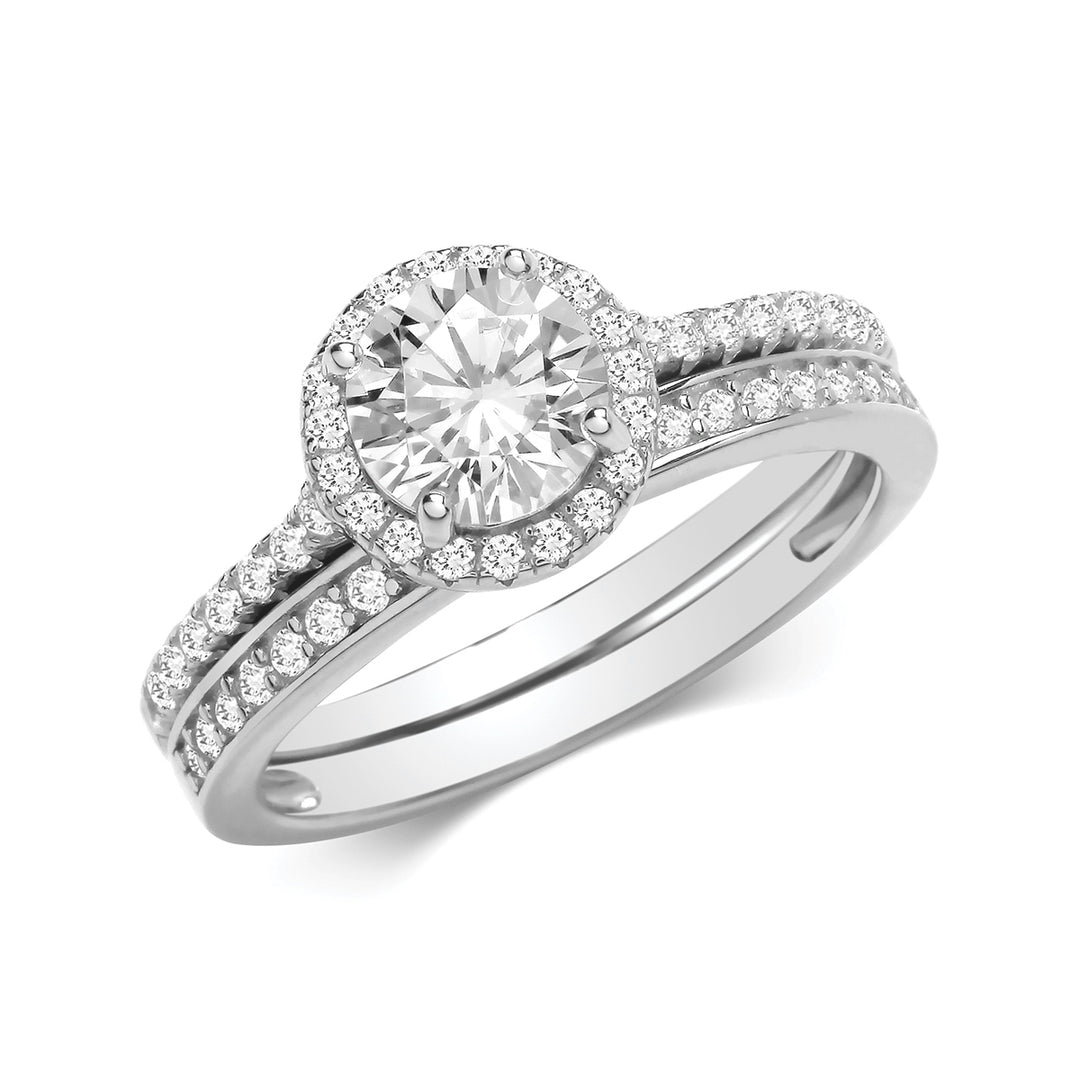 Silver Round Halo Bridal Ring Set