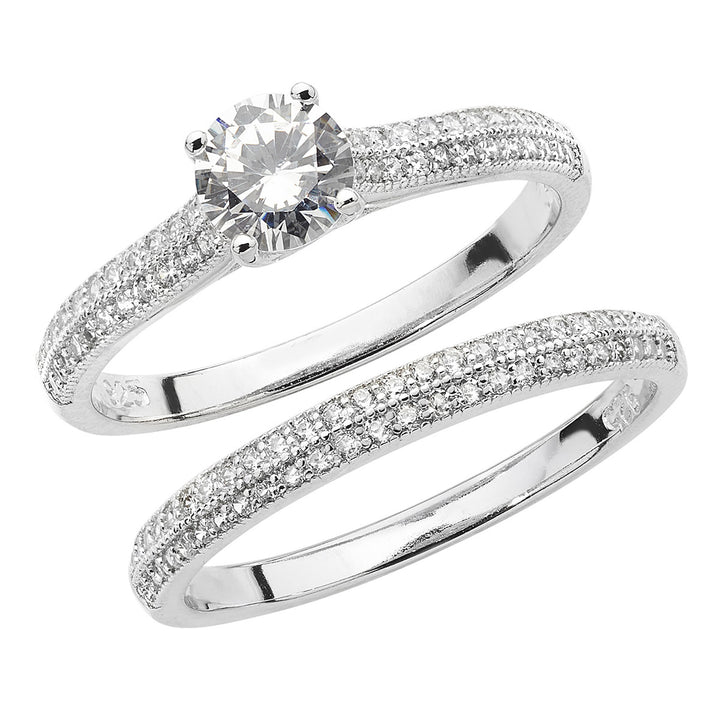 Silver Pave Solitaire Bridal Ring Set