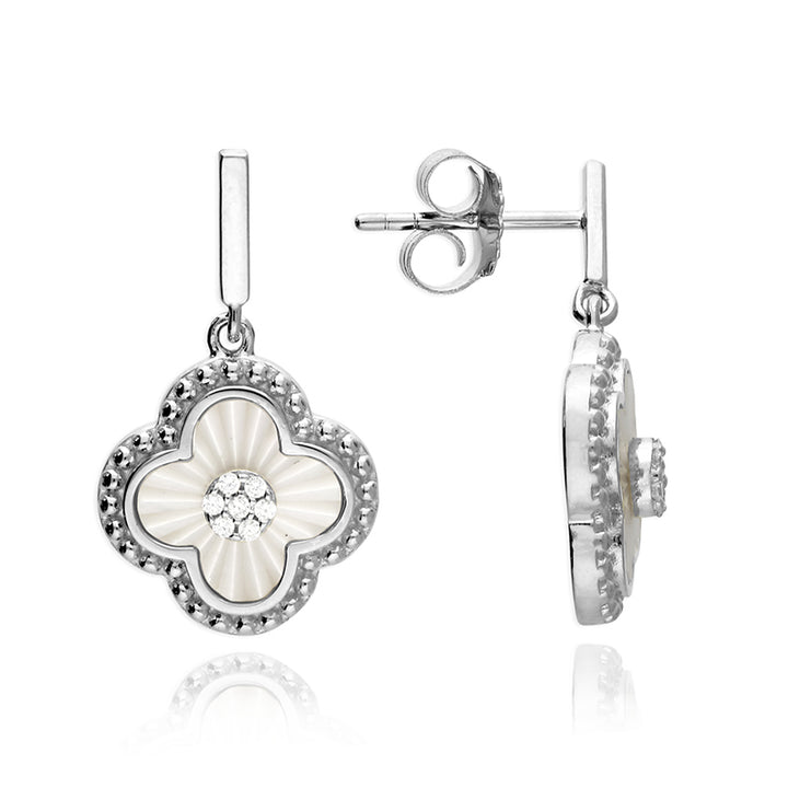 Silver Mother of Pearl Clover Drop Earrings