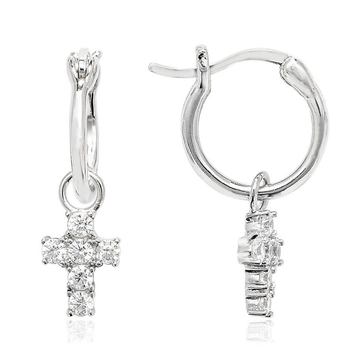 Silver Cubic Zirconia Cross Charm Hoop Earrings