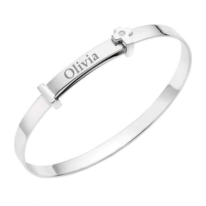 Silver Personalised Diamond Cross Baby Bangle