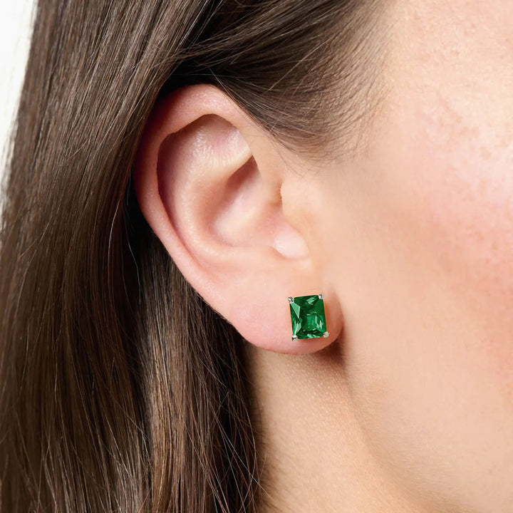 Silver Emerald Cut Green CZ Stud Earrings