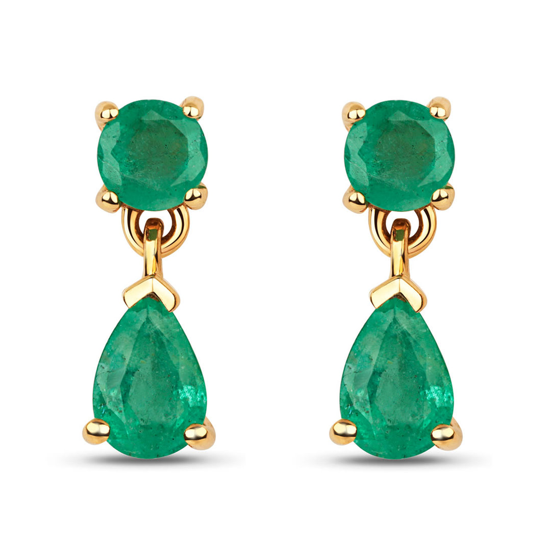 9ct Gold Round Pear-Cut Emerald Drop Earrings
