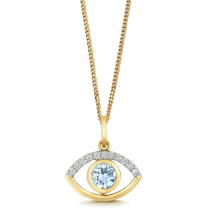 9ct Gold Aquamarine Diamond Evil Eye Pendant