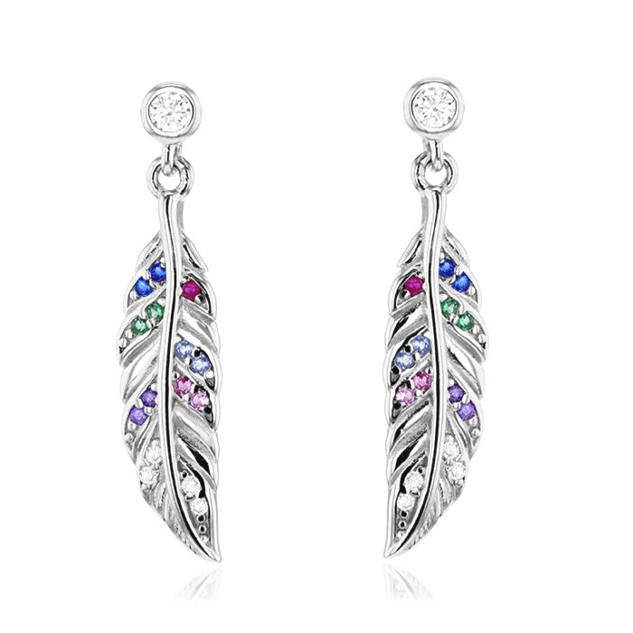Silver Multi Stone Feather Drop Earrings