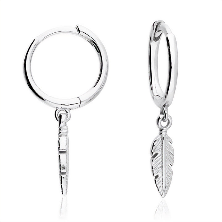 Silver Feather Charm Hoop Earrings