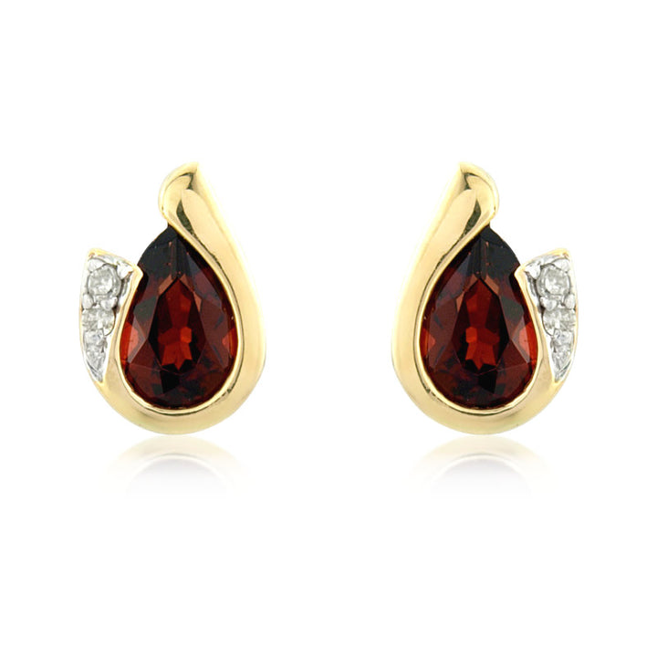 9ct Gold Garnet & Diamond Curve Stud Earrings