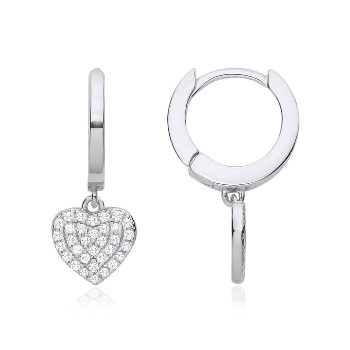 Silver Pave Heart Charm Hoop Earrings