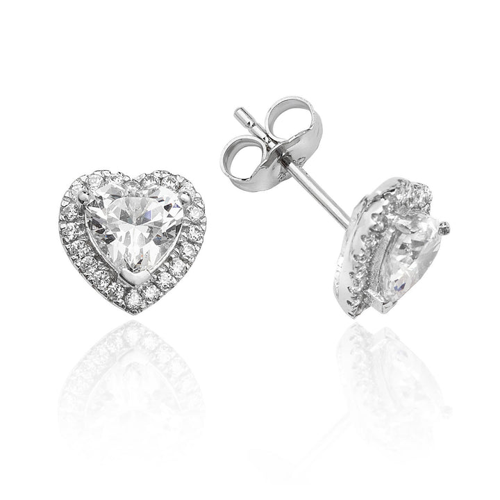 Silver Heart Halo Stud Earrings