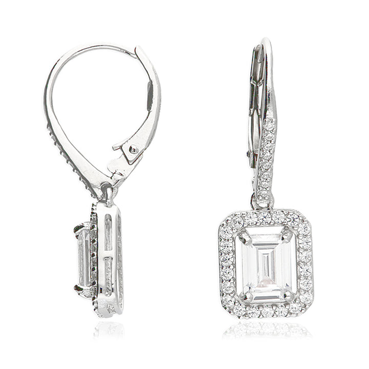 Silver Cubic Zirconia Emerald-Cut Halo Drop Earrings