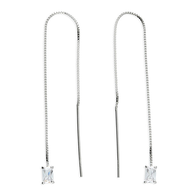 Silver Cubic Zirconia Long Pull Through Drop Earrings