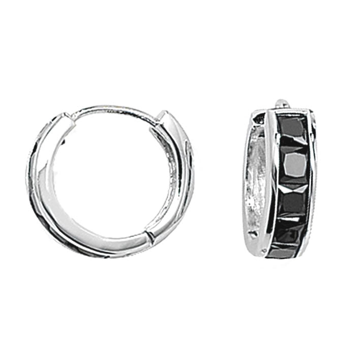 Men's Silver Black CZ Hoop Earrings