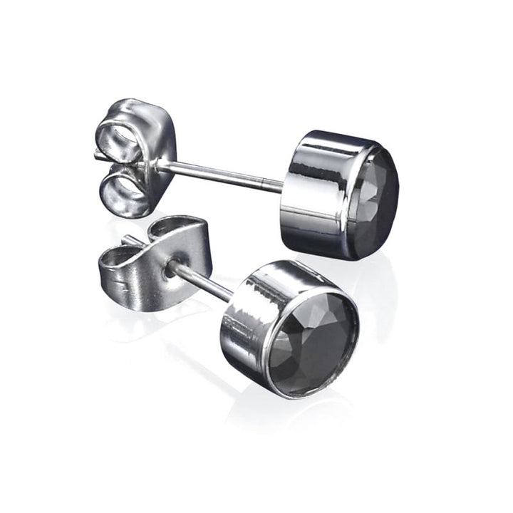 Men's Round Black Stone Stud Earrings