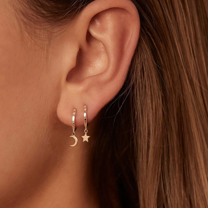 9ct Gold Moon Charm Hoop Earrings
