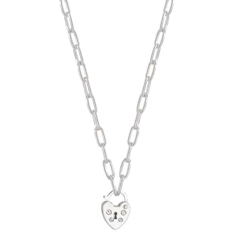 Silver Oval Chain Link Heart Padlock Necklace