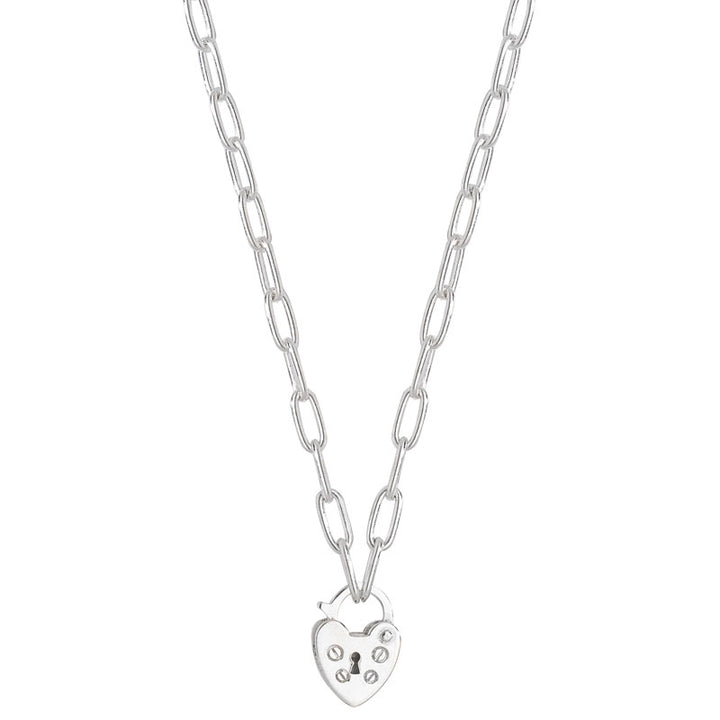 Silver Oval Chain Link Heart Padlock Necklace