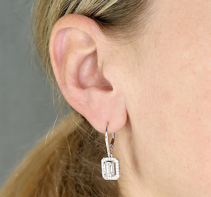 Silver Cubic Zirconia Emerald-Cut Halo Drop Earrings