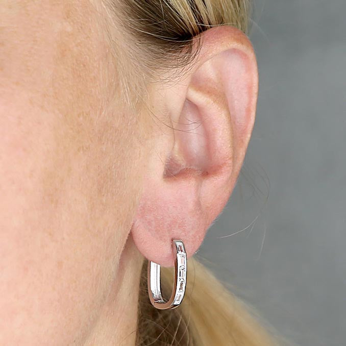 Silver Baguette-Cut Cubic Zirconia U Shape Hoop Earrings