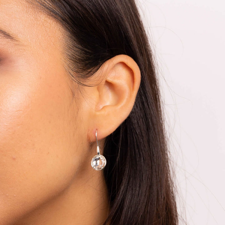 Silver Multi-Faceted Round Crystal Drop Earrings