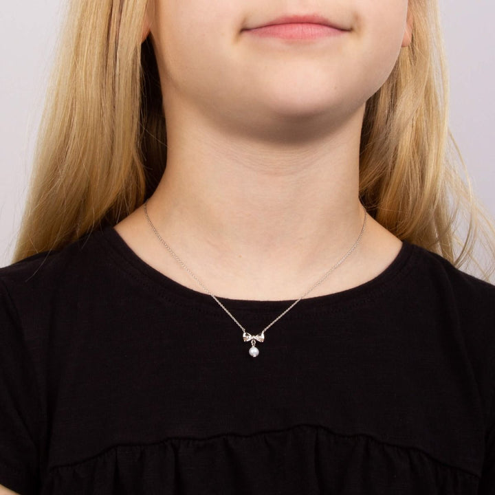 Children's Silver Pearl & Diamond Bow Necklace