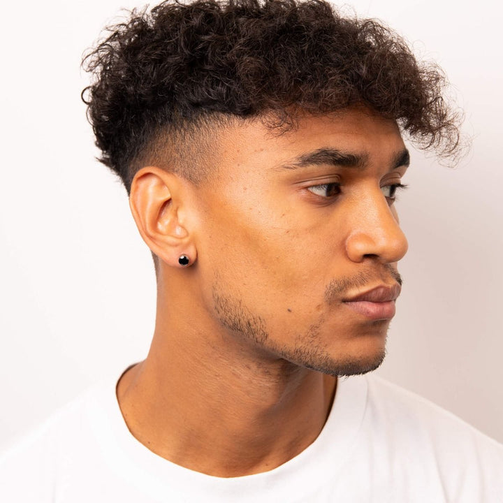 Men's Round Black Stone Stud Earrings