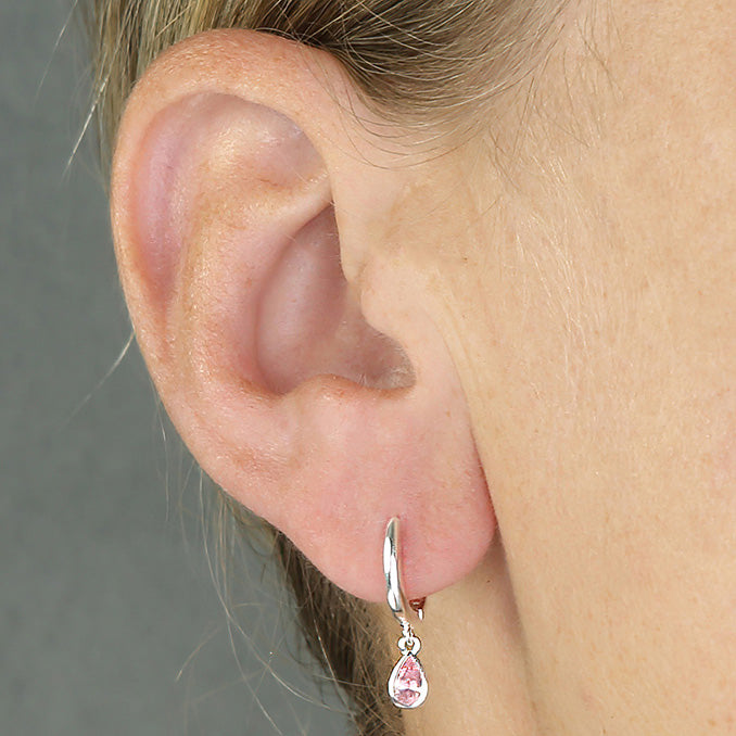 Silver Pink Teardrop Stone Huggie Hoop Earrings