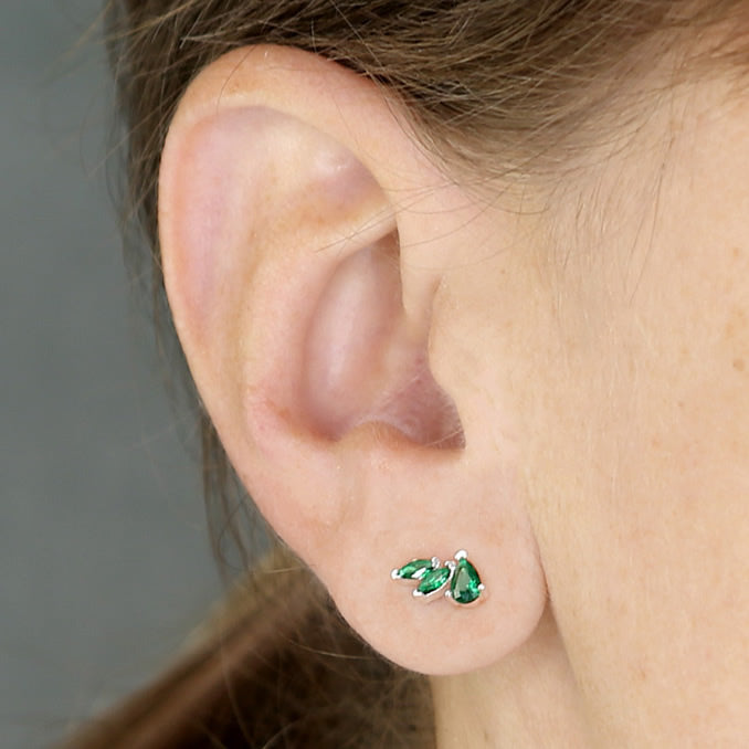 Silver Emerald Green Graduated Stone Stud Earrings