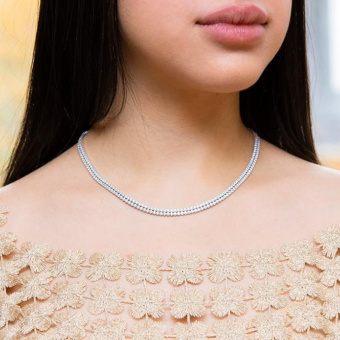Silver Two Row Cubic Zirconia Tennis Necklace