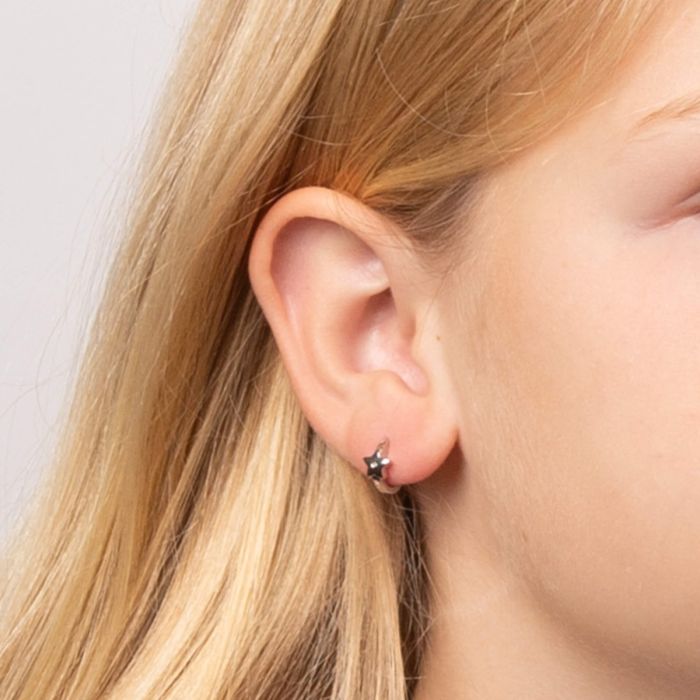 Children's Silver Diamond Star Huggie Hoop Earrings