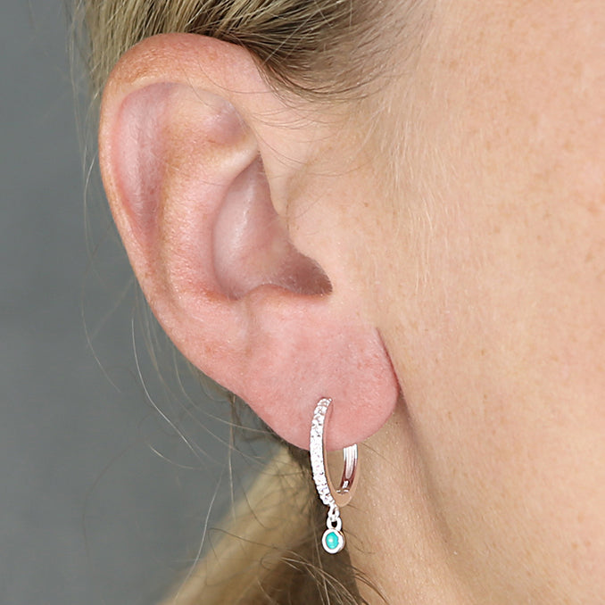 Silver Cubic Zirconia Turquoise Charm Hoop Earrings