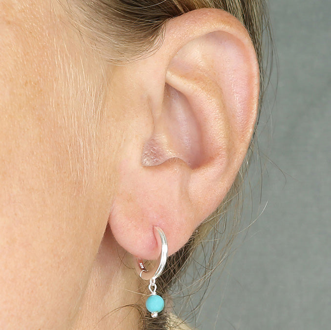 Silver Turquoise Bead Charm Hoop Earrings